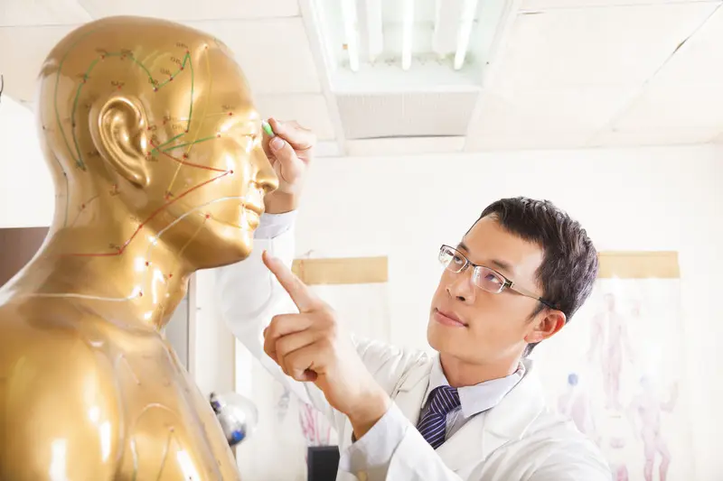 professional in white coat charts the meridians and qi flow on a model as part of a tcm foot massage