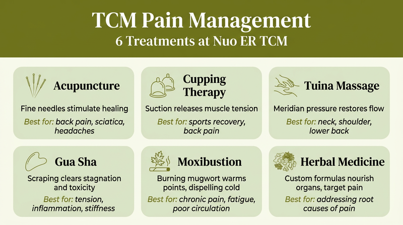 6 TCM Pain Management Treatments Offered by Nuo ER TCM: Acupuncture, Cupping Therapy, Tuina Massage, Gua Sha, Moxibustion, Herbal Medicine